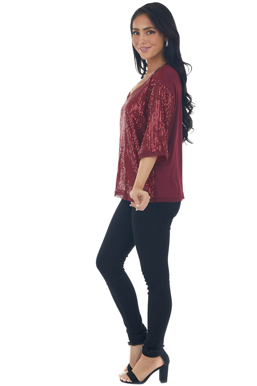 Maroon Sequined Half Sleeve V Neck Top