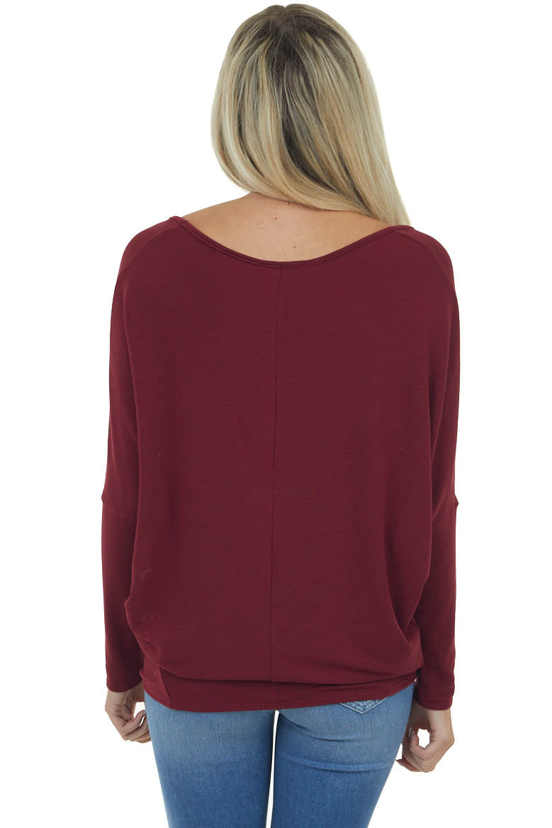 Maroon Wide V Neck Long Dolman Sleeve Knit Top