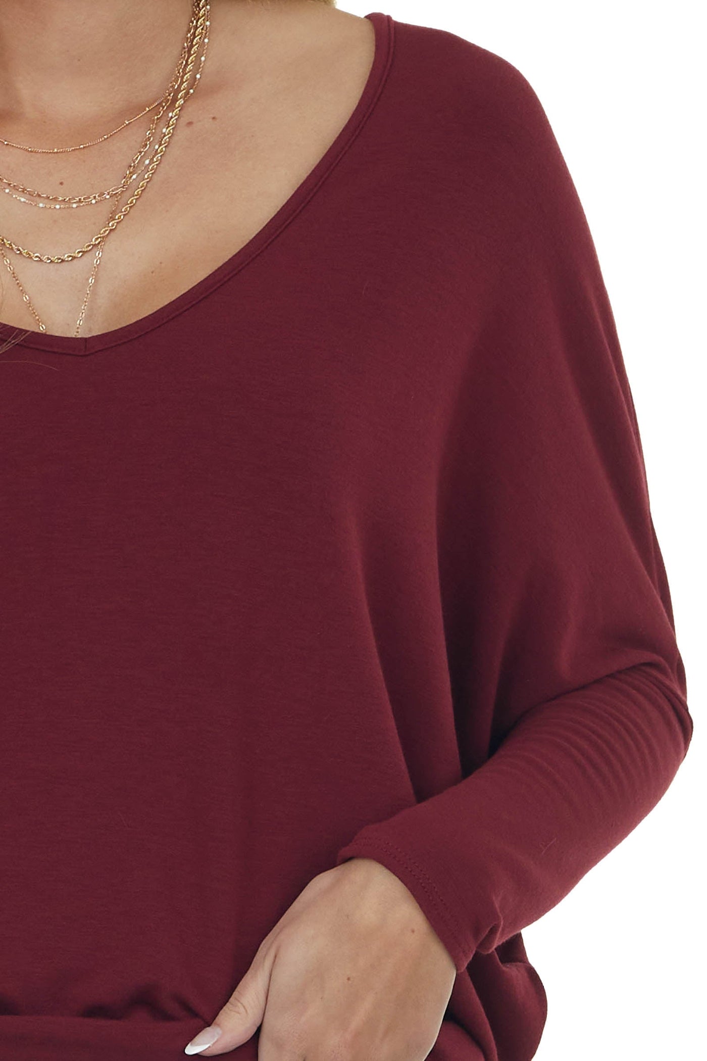 Maroon Wide V Neck Long Dolman Sleeve Knit Top