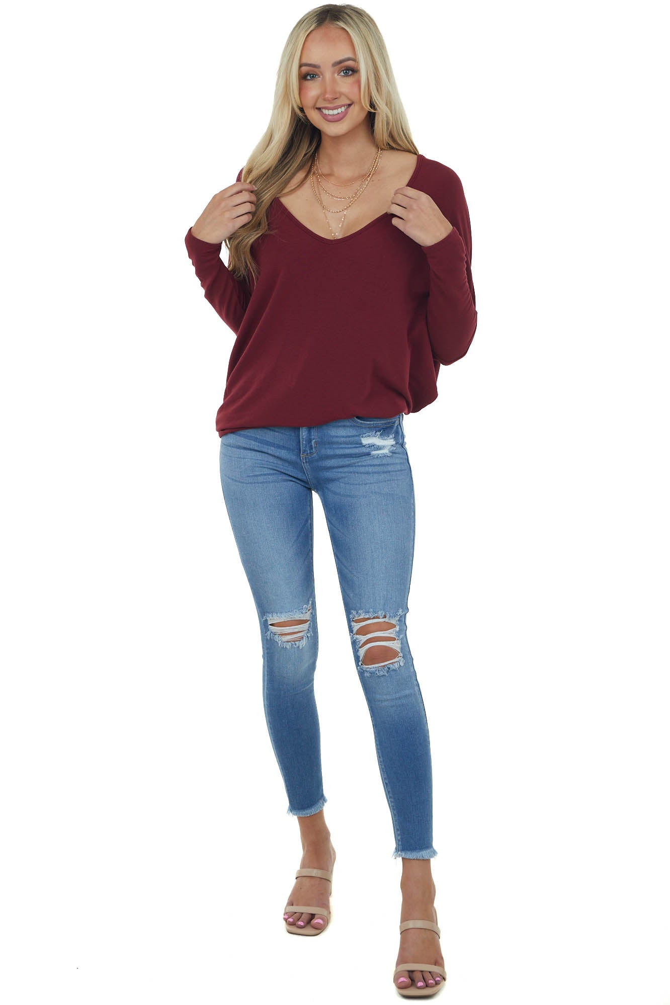 Maroon Wide V Neck Long Dolman Sleeve Knit Top