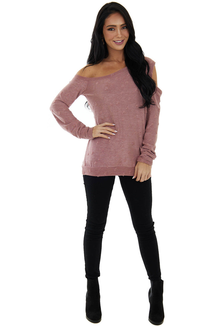 Marsala Distressed Terry Knit Cold Shoulder Top