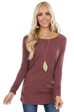 Marsala Long Raglan Sleeve Top with Ruching Details