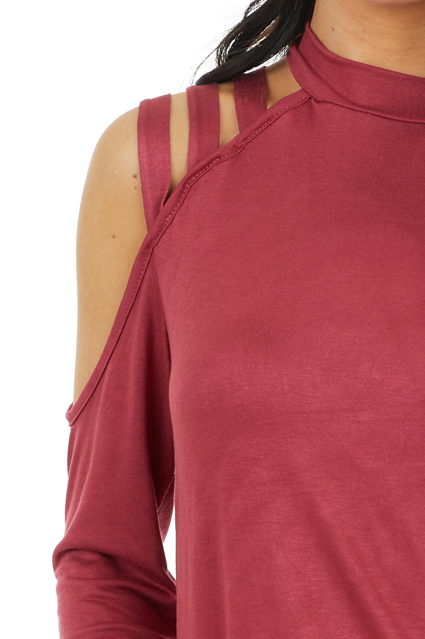 Marsala Long Sleeve Knit Top with One Caged Cold Shoulder
