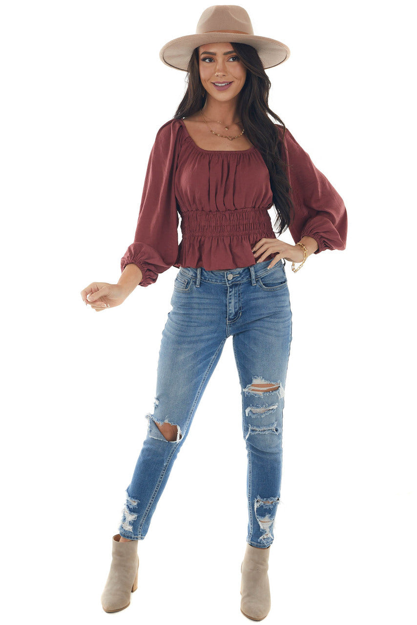 Marsala Open Back Smocked Peplum Silky Blouse 