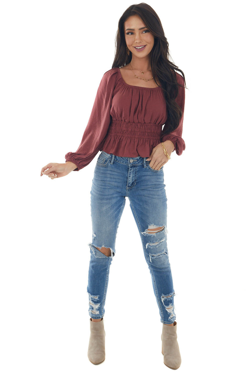 Marsala Open Back Smocked Peplum Silky Blouse 