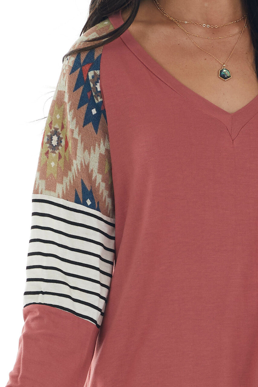Marsala Soft Knit Top with Contrast Multiprint Long Sleeves
