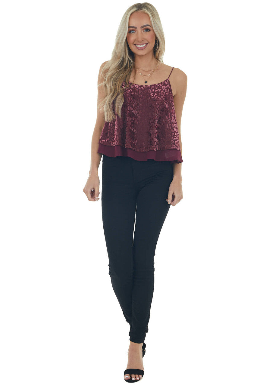 Wine Velvet Leopard Print Sleeveless Top
