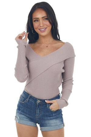 Mauve Asymmetrical Overlay Ribbed Knit Top 