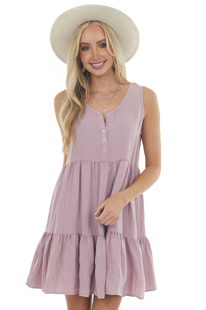 Mauve Button Up Sleeveless Tiered Woven Dress