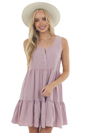 Mauve Button Up Sleeveless Tiered Woven Dress