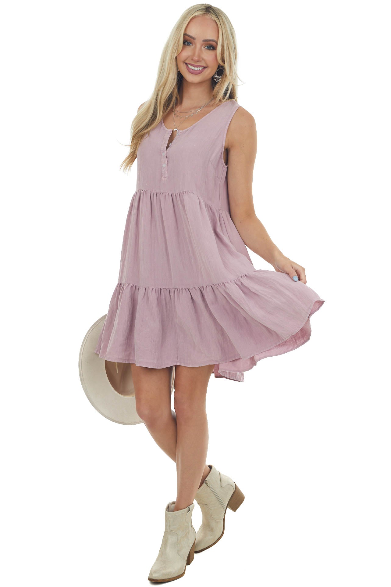 Mauve Button Up Sleeveless Tiered Woven Dress