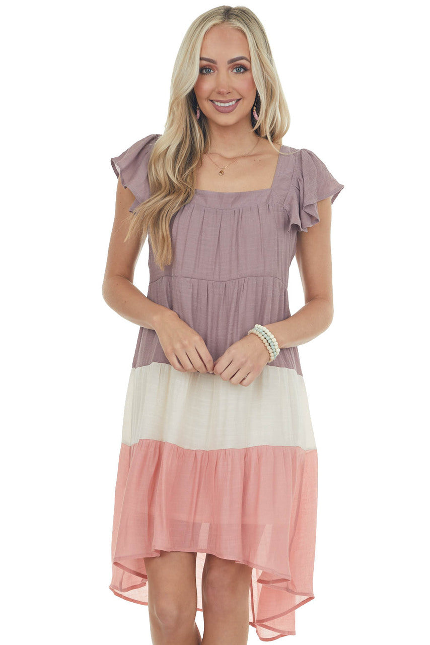 Mauve Colorblock Square Neckline Short Dress
