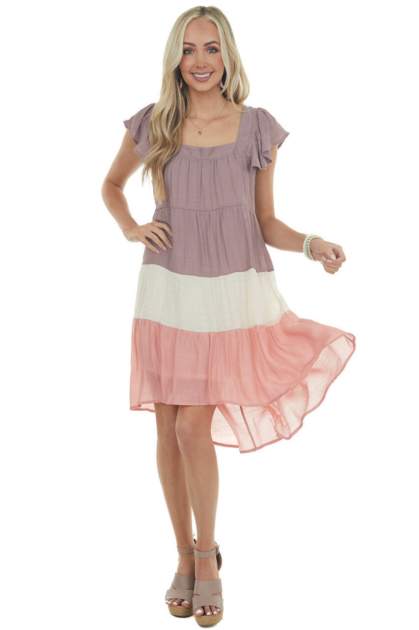 Mauve Colorblock Square Neckline Short Dress