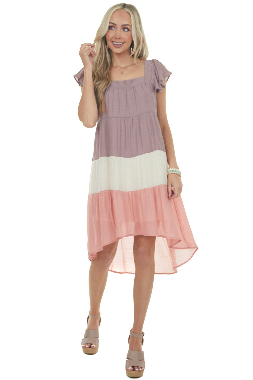 Mauve Colorblock Square Neckline Short Dress