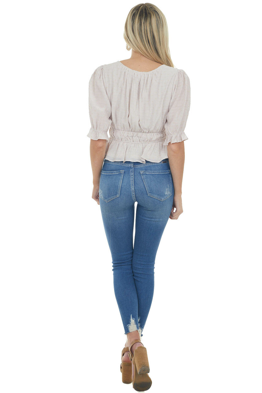 Light Mauve Dot Textured Peasant Sleeve Peplum Top