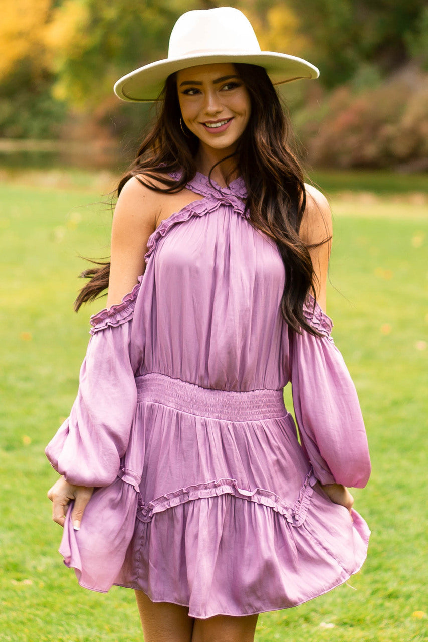 Mauve Frilled Cold Shoulder Silky Short Dress 