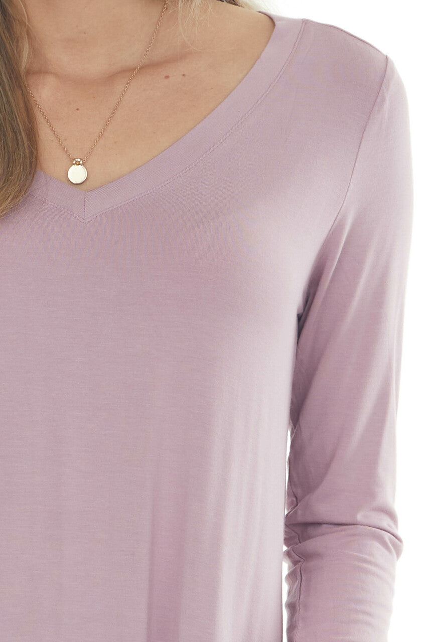 Mauve Rounded Hem V Neck Soft Knit Top 