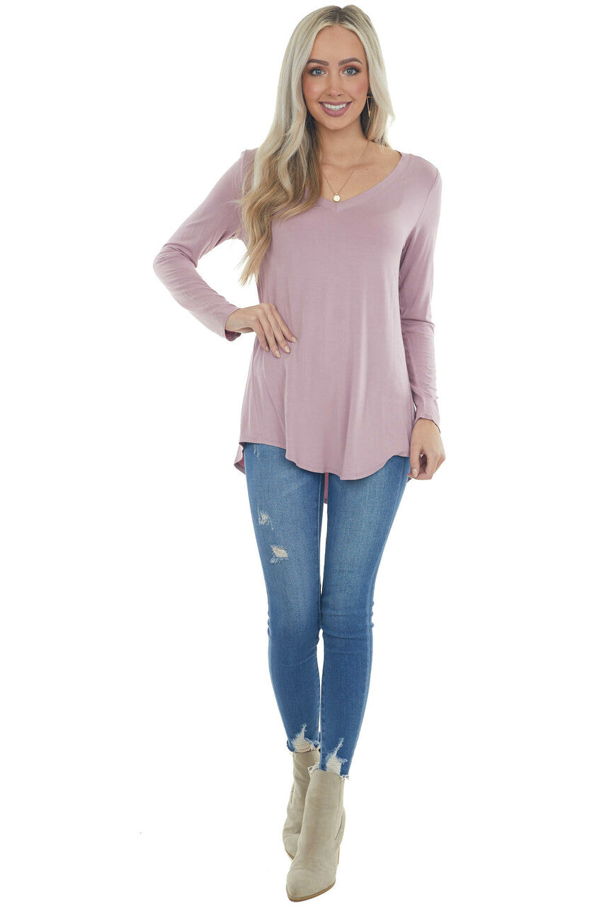 Mauve Rounded Hem V Neck Soft Knit Top 