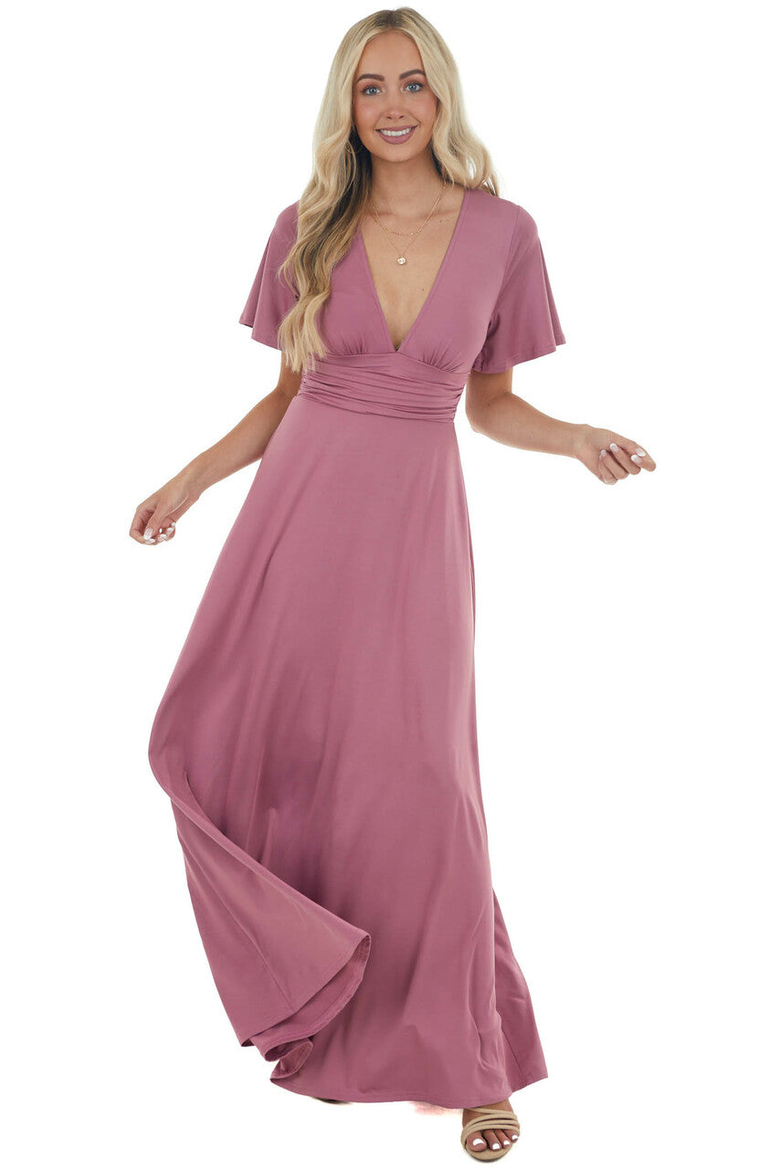 Mauve Short Sleeve Empire Waist Maxi Dress
