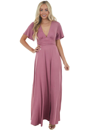 Mauve Short Sleeve Empire Waist Maxi Dress