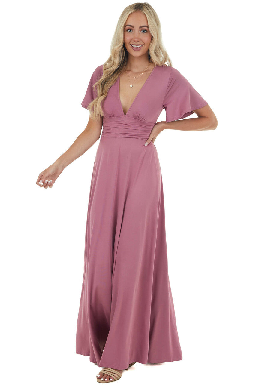 Mauve Short Sleeve Empire Waist Maxi Dress
