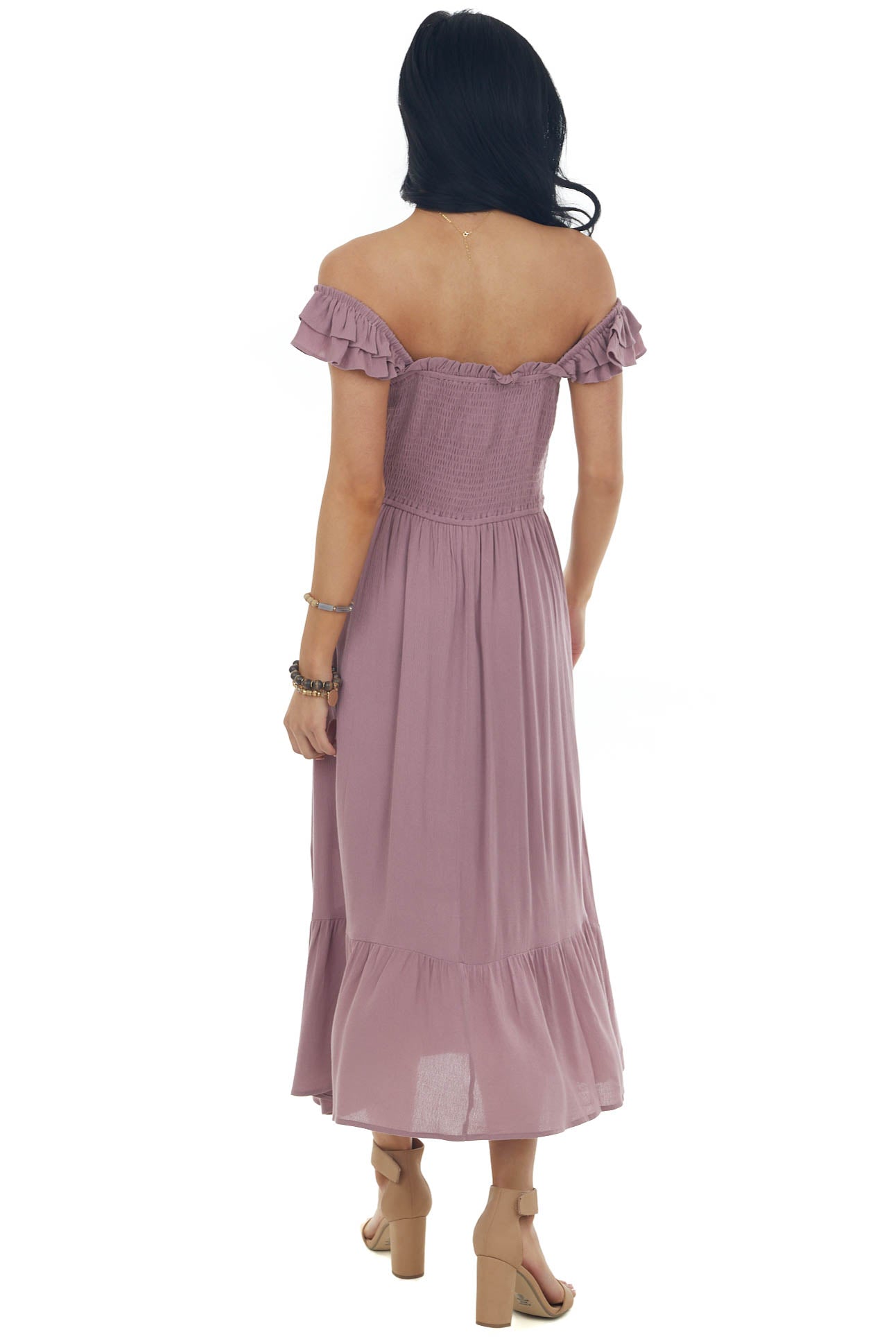 Mauve Smocked Ruffle Strap Ruffle Midi Dress