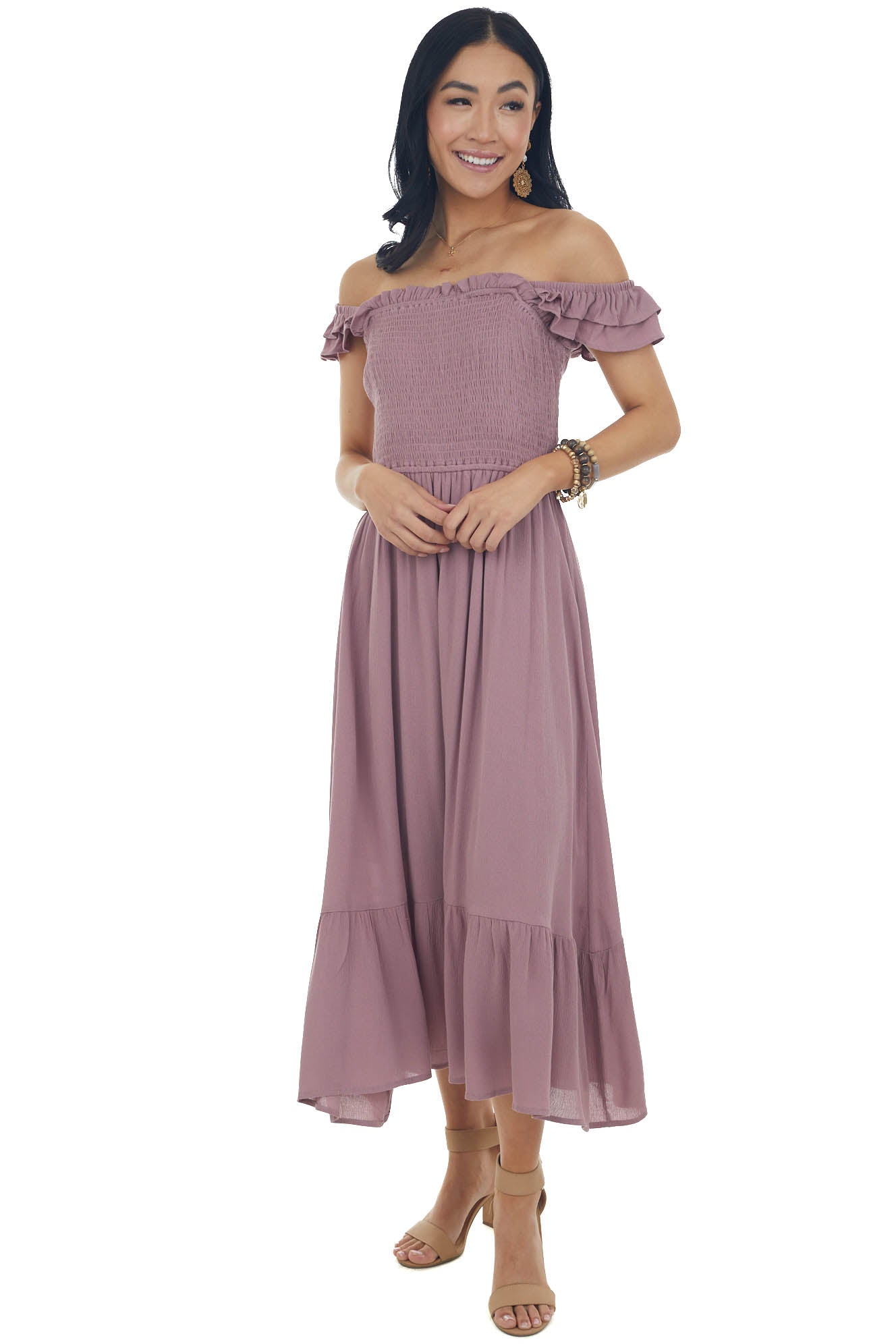 Mauve Smocked Ruffle Strap Ruffle Midi Dress