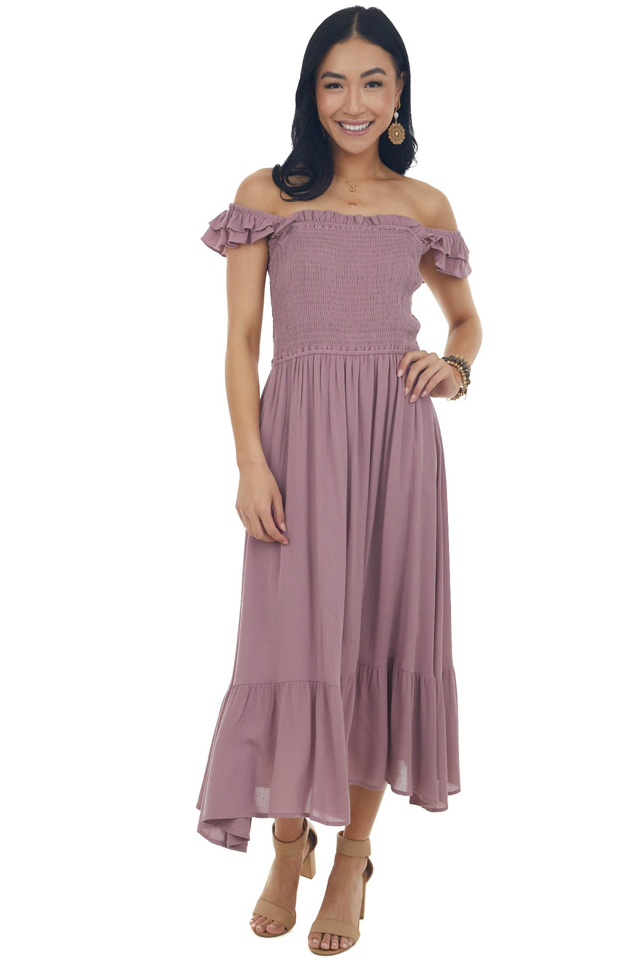 Mauve Smocked Ruffle Strap Ruffle Midi Dress