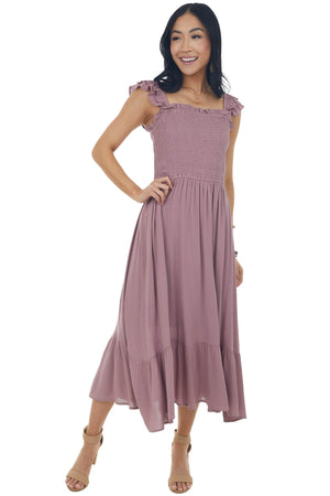 Mauve Smocked Ruffle Strap Ruffle Midi Dress