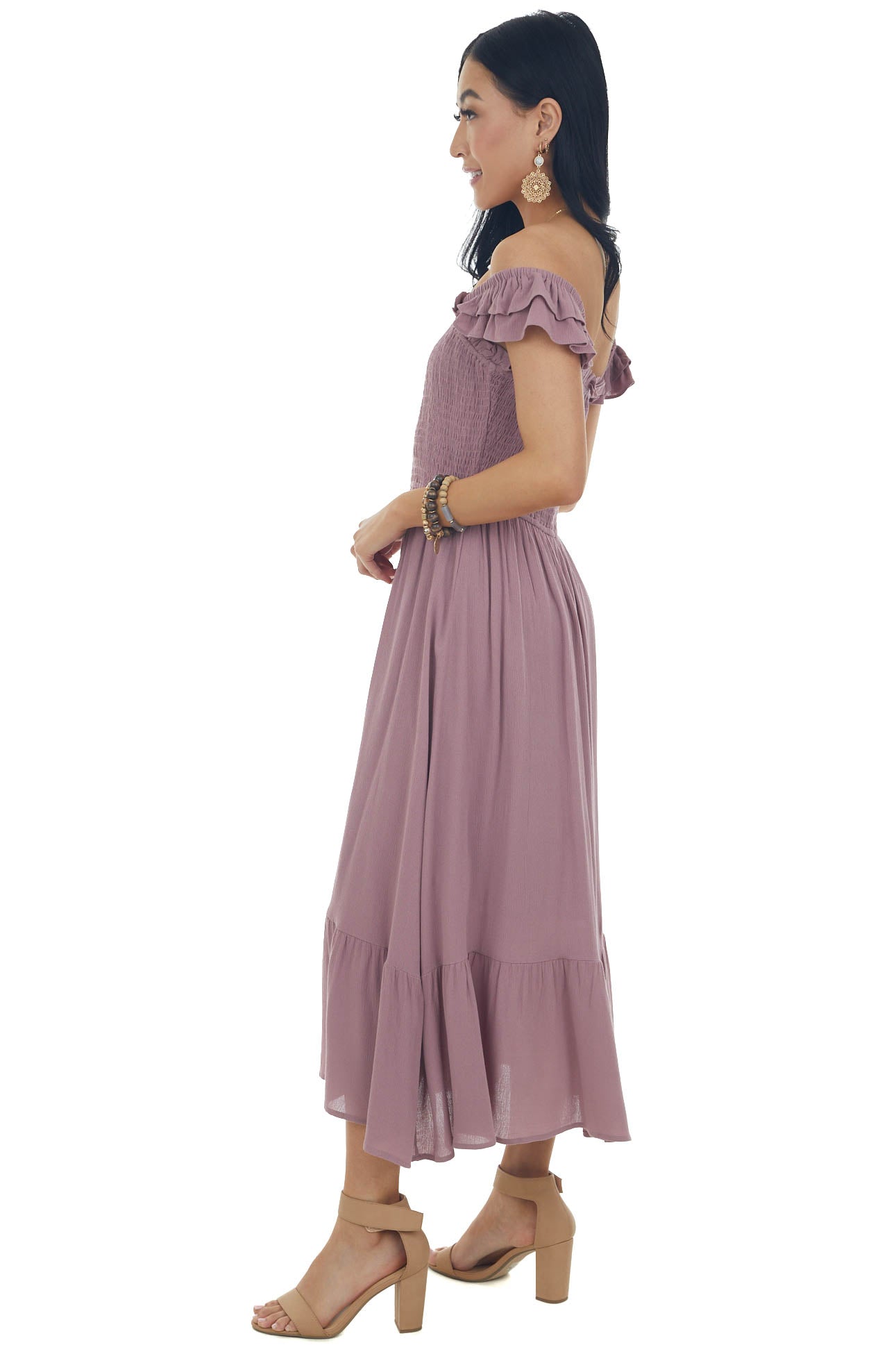 Mauve Smocked Ruffle Strap Ruffle Midi Dress