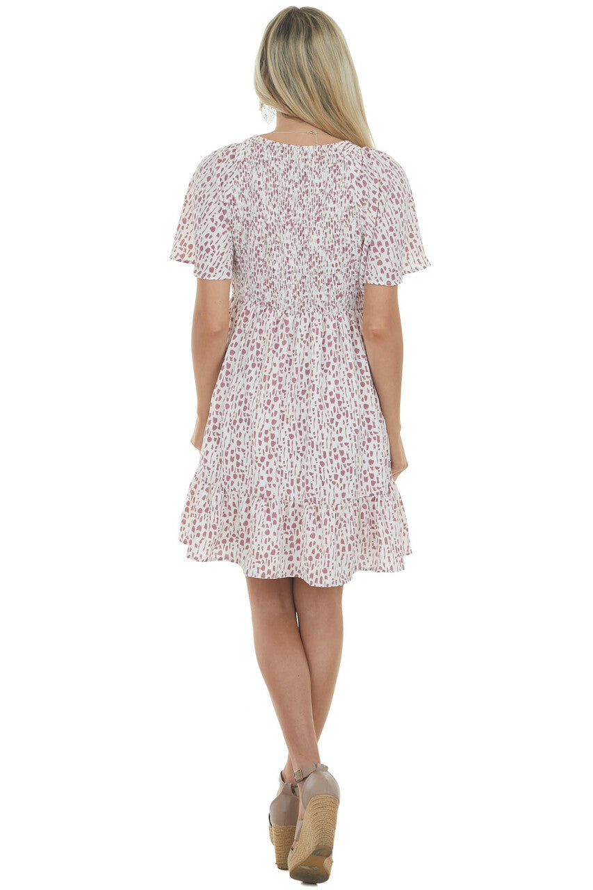 Mauve Spotted Smocked Bodice Babydoll Dress