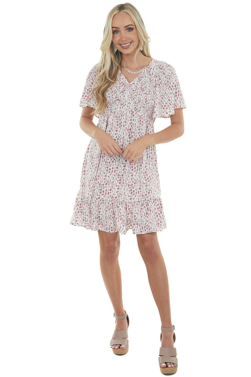 Mauve Spotted Smocked Bodice Babydoll Dress