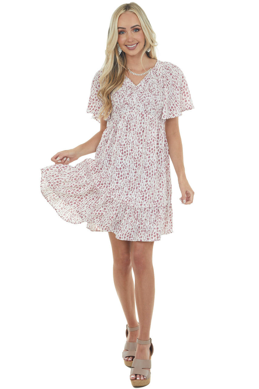 Mauve Spotted Smocked Bodice Babydoll Dress