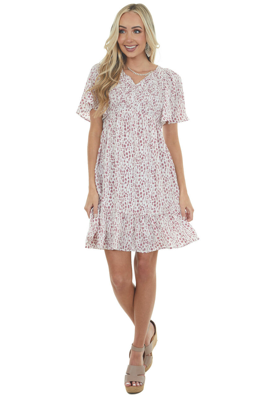 Mauve Spotted Smocked Bodice Babydoll Dress