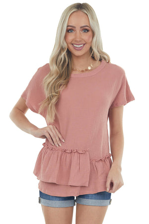 Mauve Textured Woven Top with Asymmetrical Layered Peplum