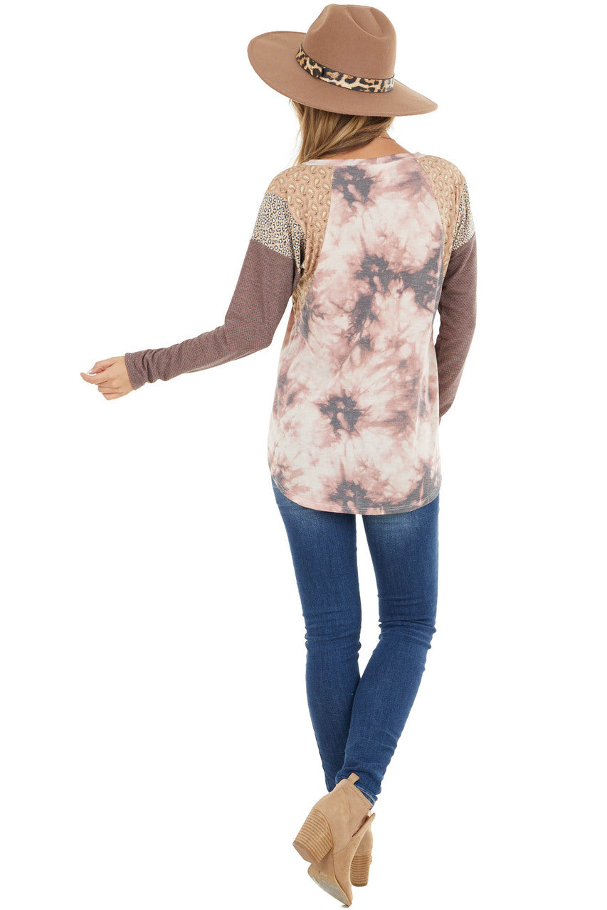 Mauve Tie Dye Top with Multiprint and Braided Detail Sleeves 