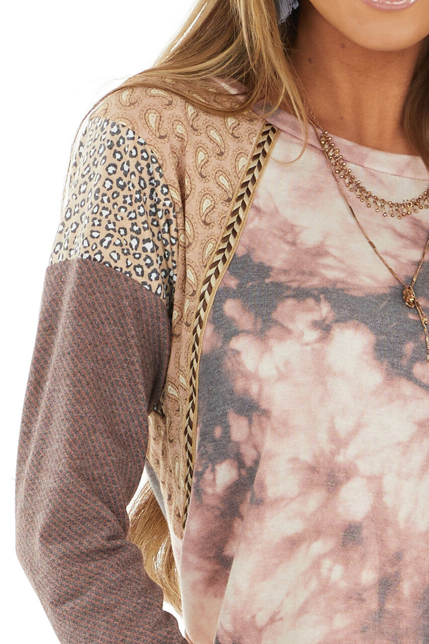 Mauve Tie Dye Top with Multiprint and Braided Detail Sleeves 