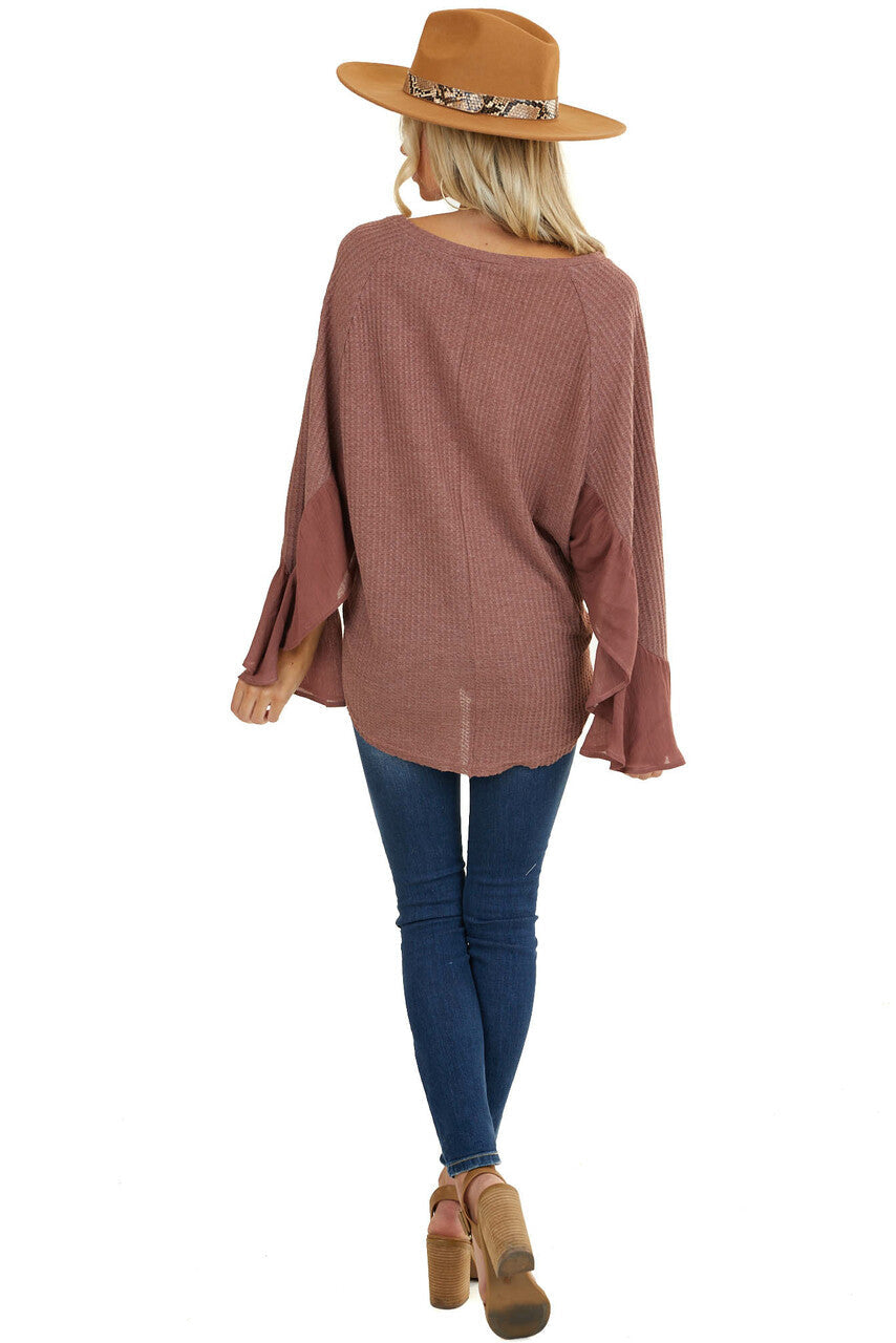 Mauve Waffle Knit Button Up Top with Trumpet Sleeves 