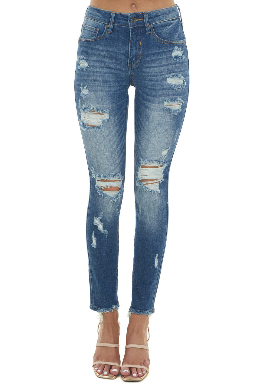 Medium Dark Wash Distressed Mid Rise Jeans
