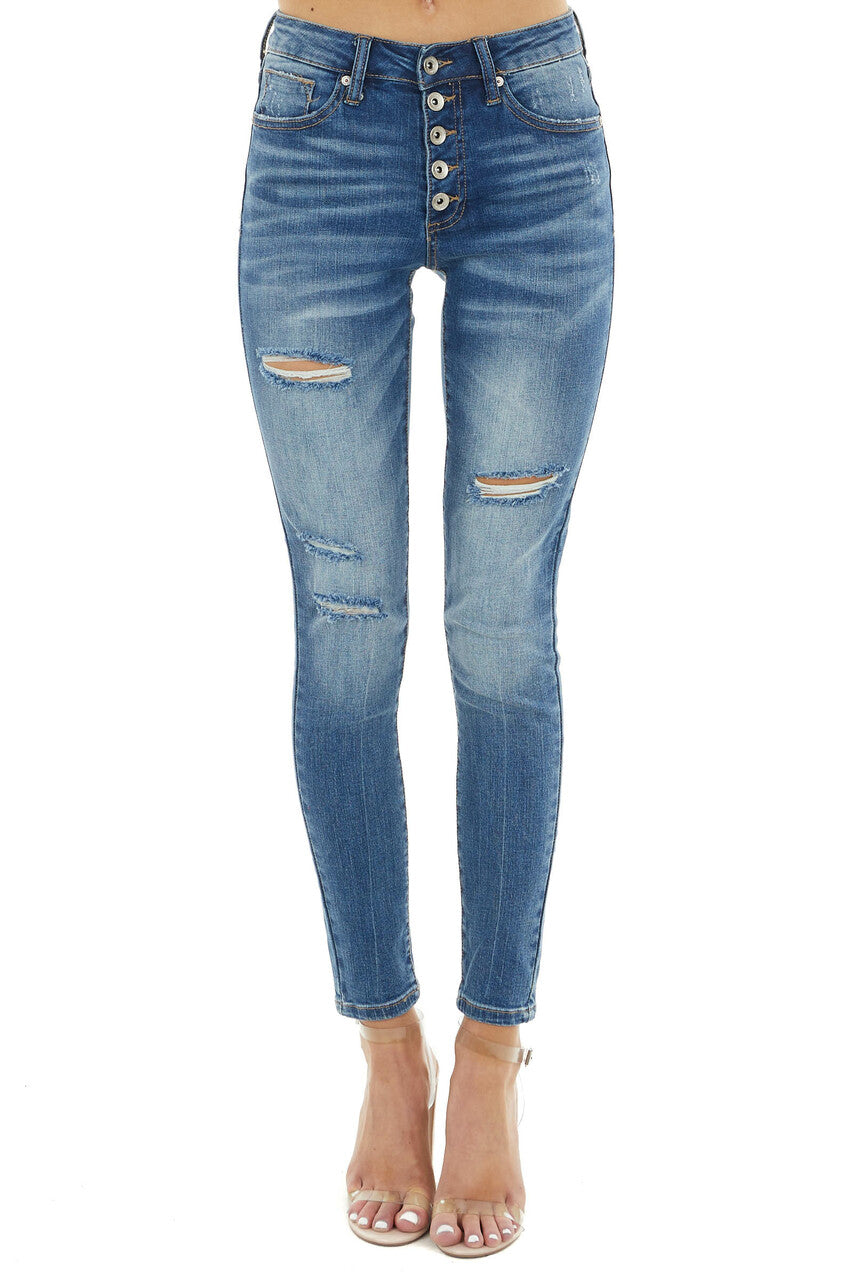 Medium Dark Wash Mid Rise Distressed Skinny Jeans