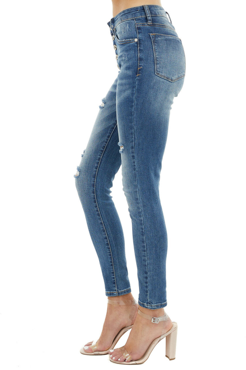 Medium Dark Wash Mid Rise Distressed Skinny Jeans