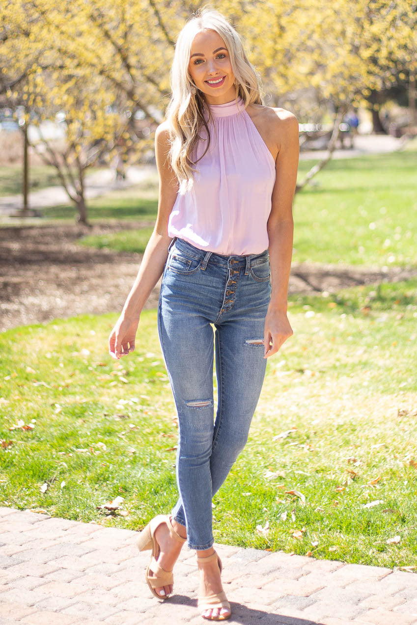 Medium Dark Wash High Rise Button Fly Skinny Jeans