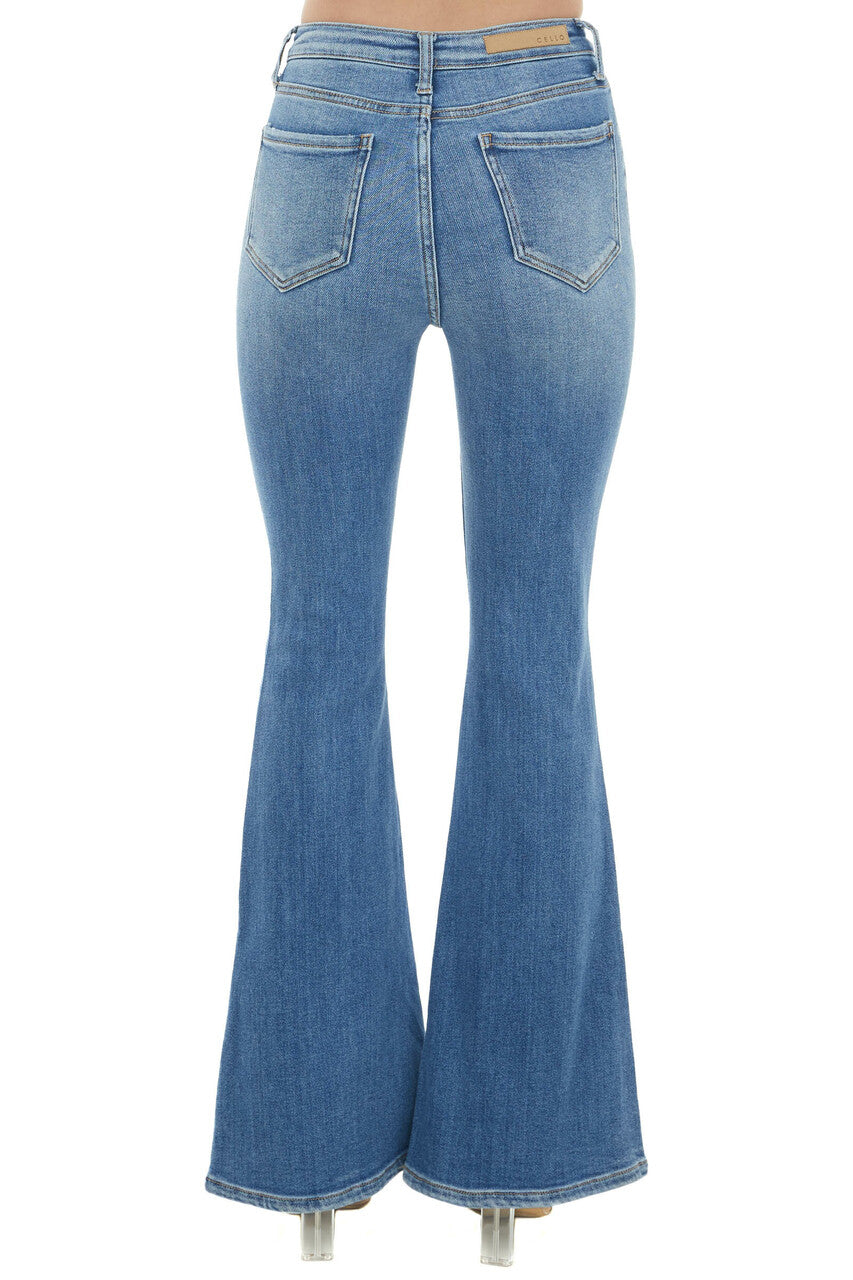 Medium Denim Distressed High Rise Flare Jeans 