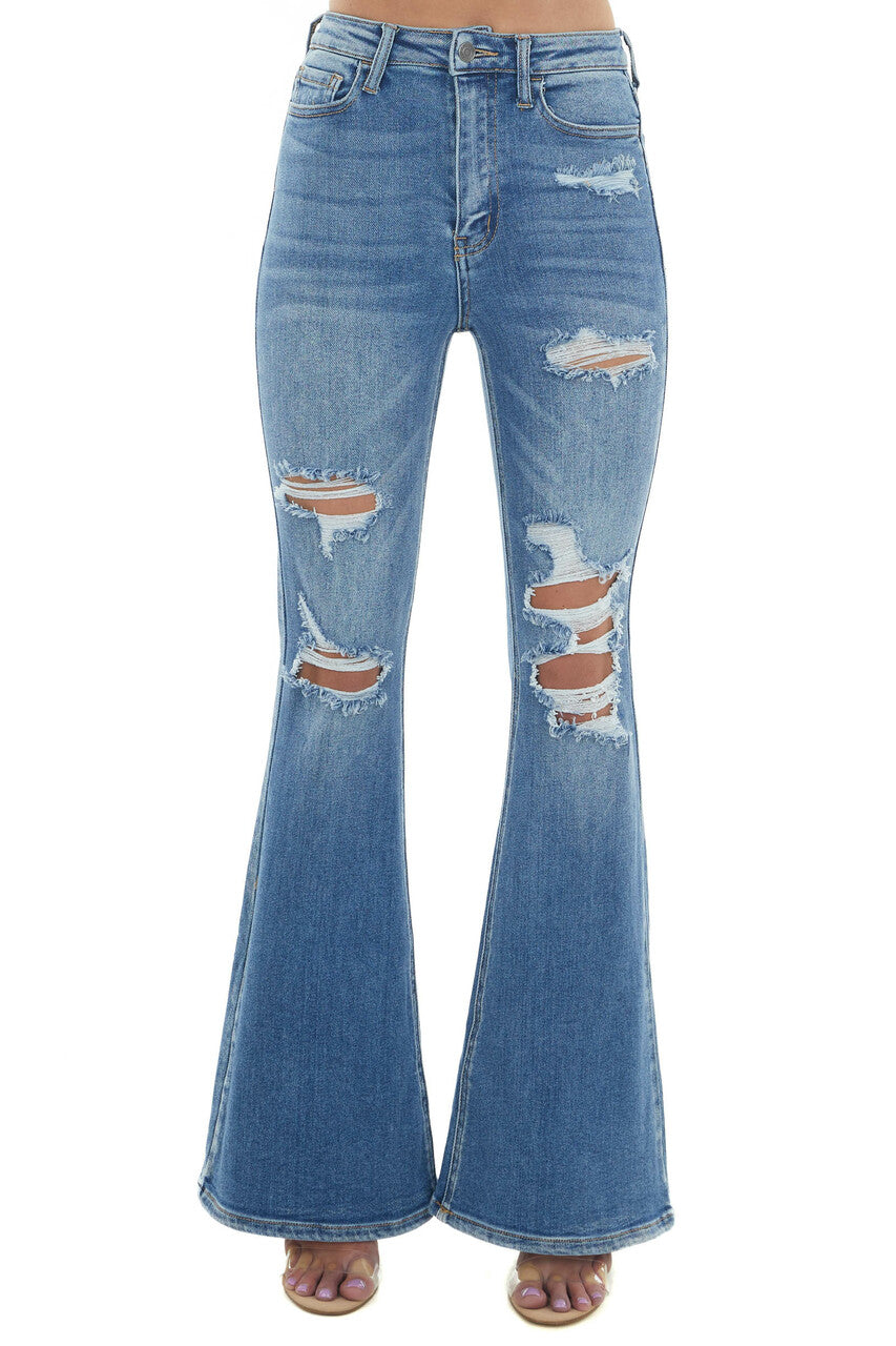 Medium Denim Distressed High Rise Flare Jeans 
