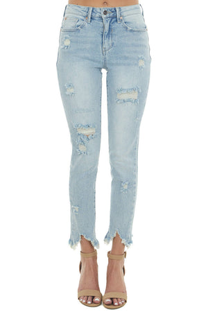 Medium Denim High Rise Distressed Frayed Jeans