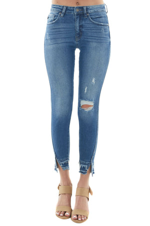 Medium High Rise Frayed Slit Hem Skinny Jeans 