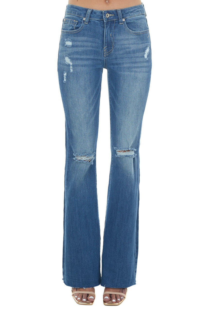 Medium High Rise Raw Flare Distressed Jeans