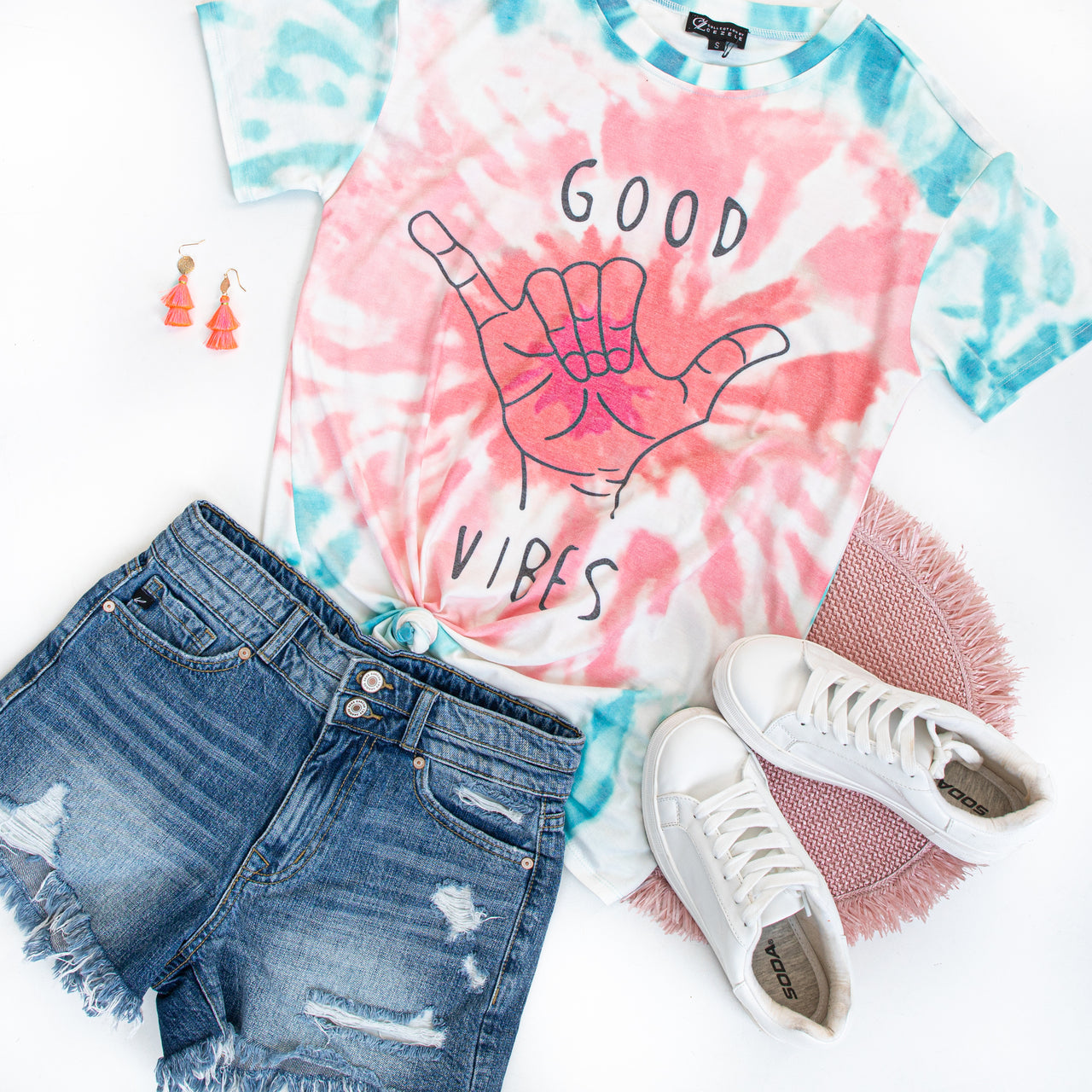 Medium Wash Denim High Rise Shorts with Distressed Details