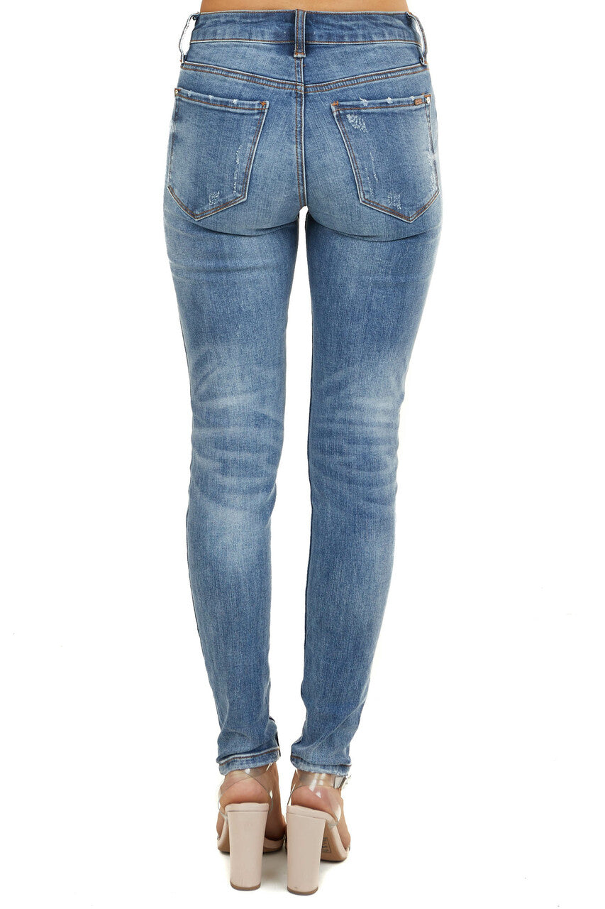 Medium Wash Denim Mid Rise Distressed Skinny Jeans 