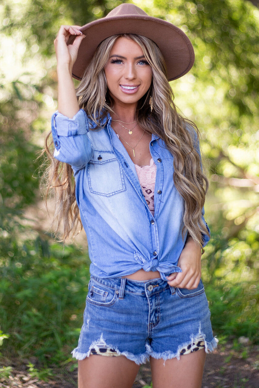 Medium Wash Distressed Denim Shorts with Leopard Pockets